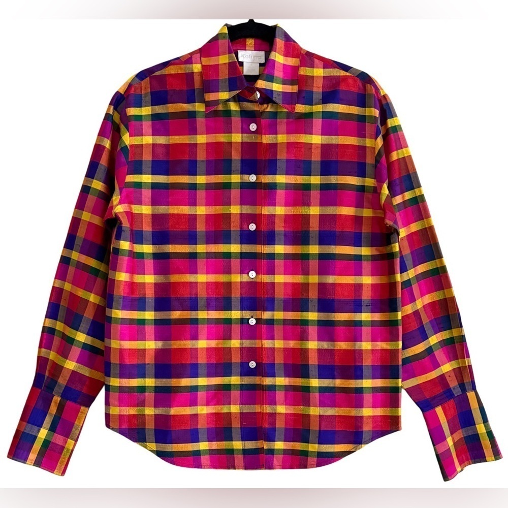 VINTAGE KATRINA Silk Y2K Colorful Vibrant Maximalist Plaid Button Down Top Sz 4